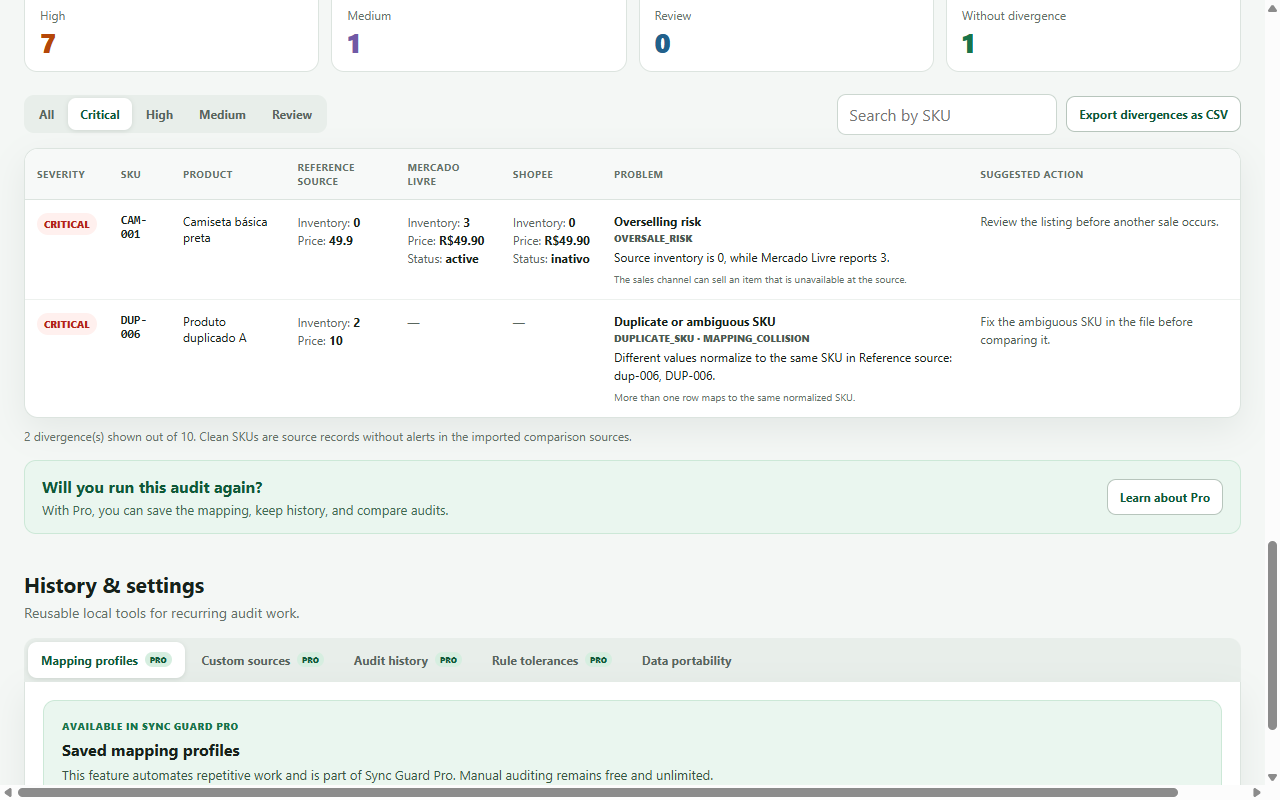 Detalhes de divergências crÃticas encontradas pelo Marketplace Sync Guard
